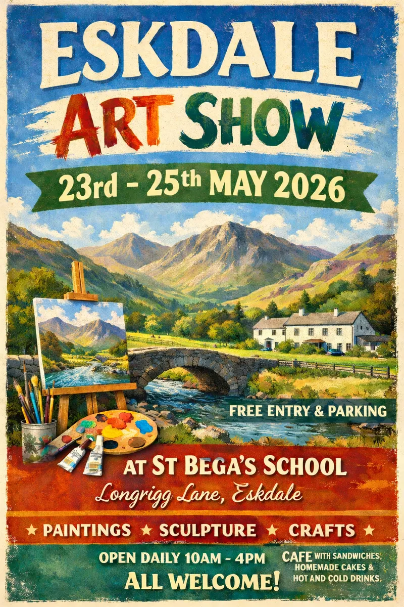 Eskdale Art Show poster — vintage painted scene of Eskdale valley with stone bridge